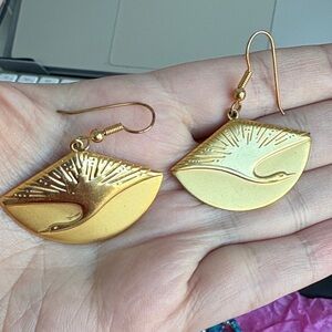 Elegant Goldtone Fan Bird Dangle Earrings